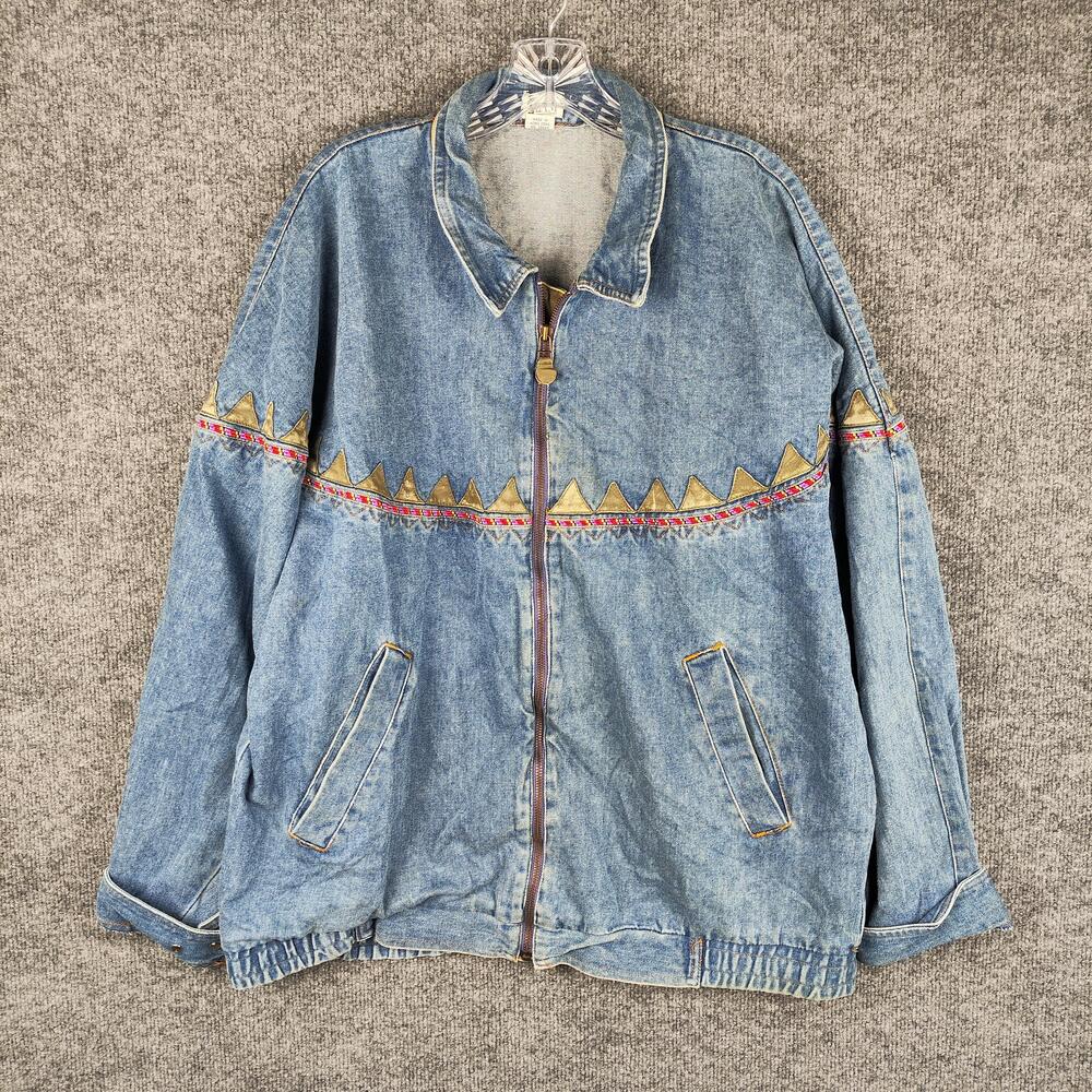 Vintage ELAM Jacket Womens BIGGER Blue Denim Southwestern Embroidered Zip Trim